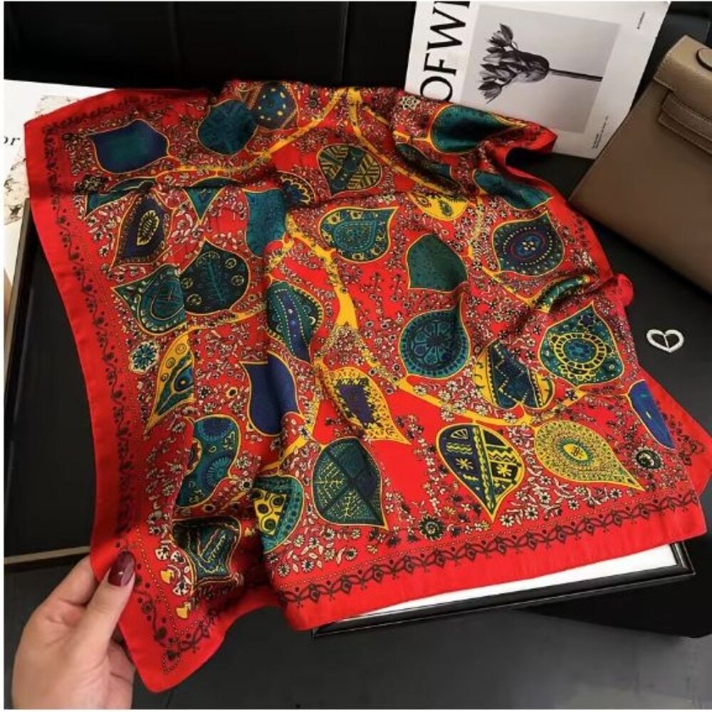 ✨New Elegant Bandana Square Scarf Silky Satin Red Floral Leaves Wrap Stylish✨ - Picture 3 of 4